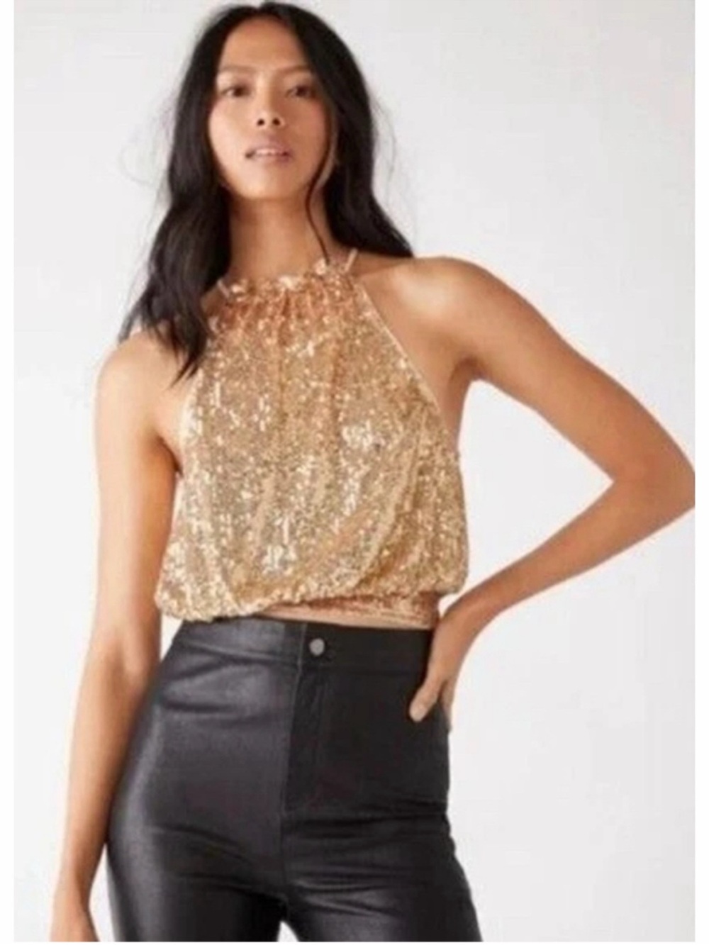 Free People Lights Out Gold Sequin Halter Crop Top SIZE M Medium